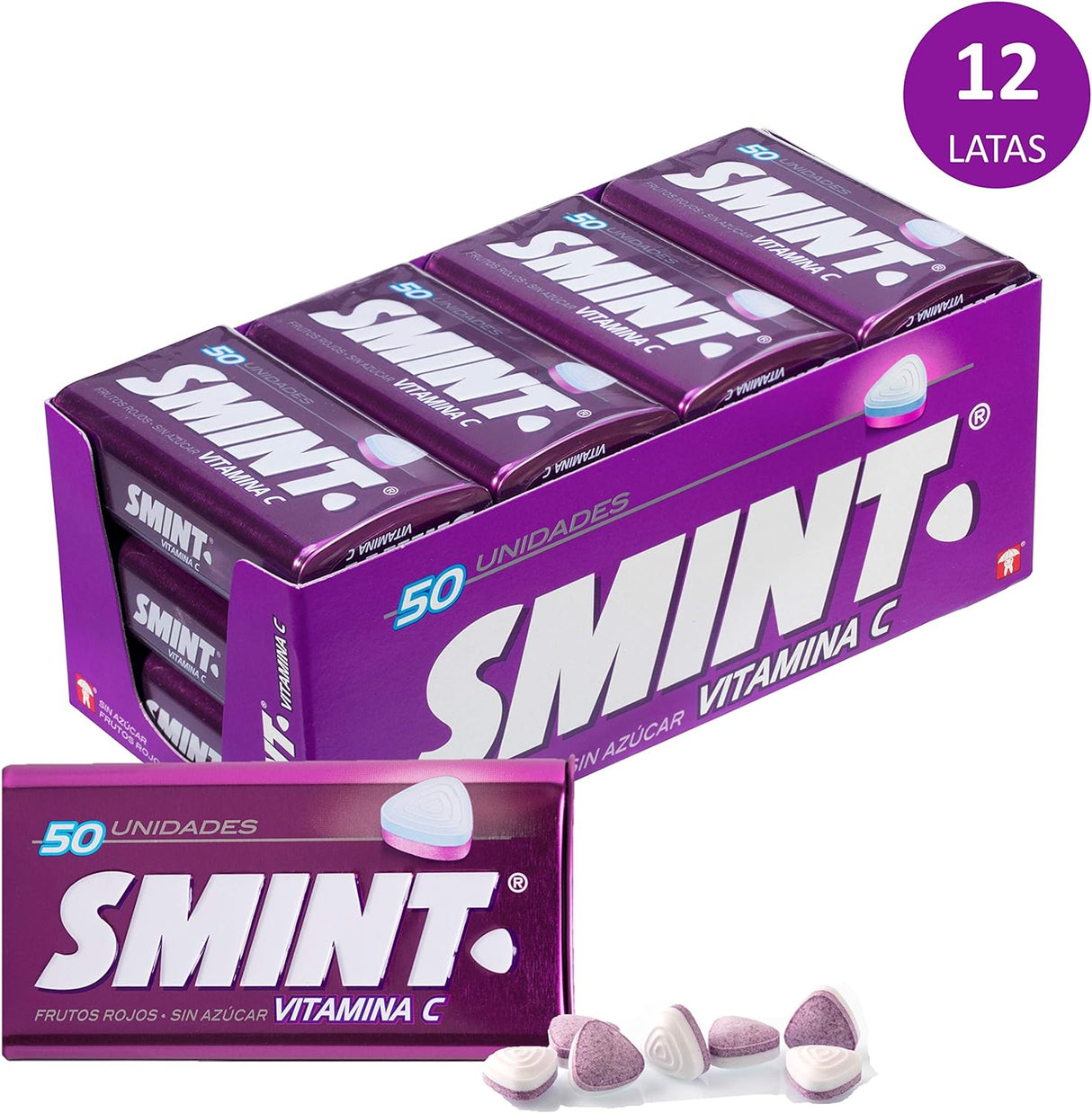 Smint Tin Fresa, Caramelo Comprimido Sin Azúcar - 12 unidades de 35 gr. (Total 420 gr.)