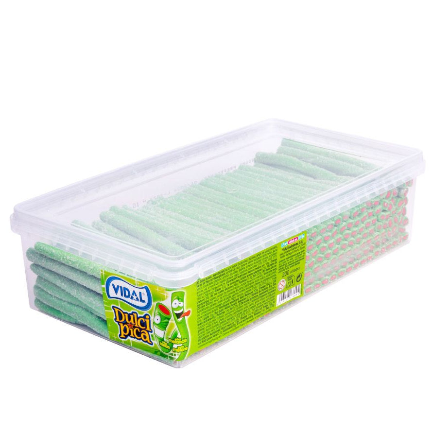 Detalle de los Dulcipica Melón de Vidal, regaliz relleno sabor melón con cobertura pica