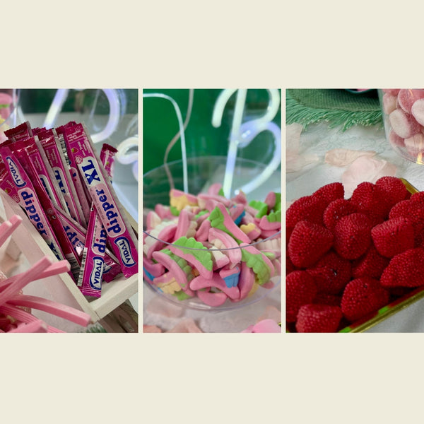 Mesa dulce de chuches montada para un evento