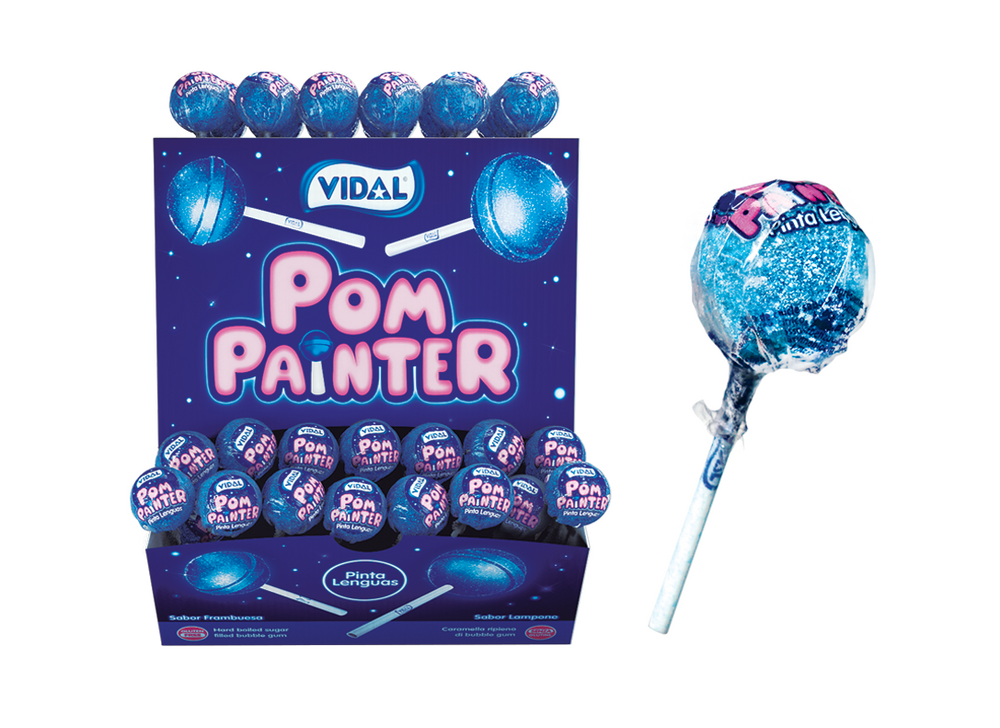 Pompainter Frambuesa Pica de Vidal, caramelo con palo pintalenguas, estuche 1,7 kg con 100 uds