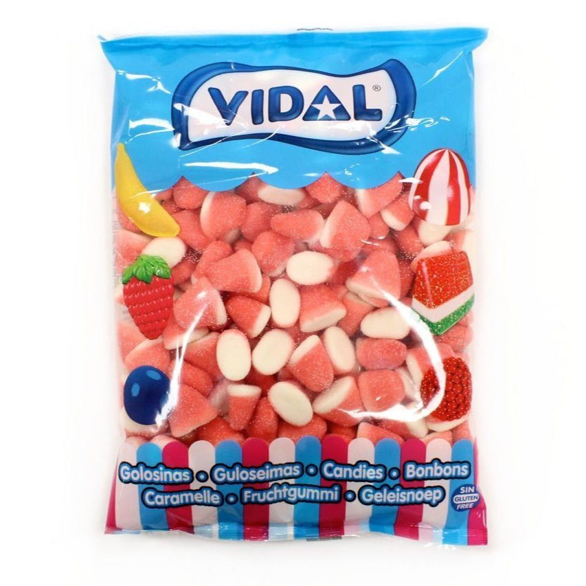 Besos de Fresa Vidal bolsa 1 kg abierta mostrando las gominolas en forma de besito