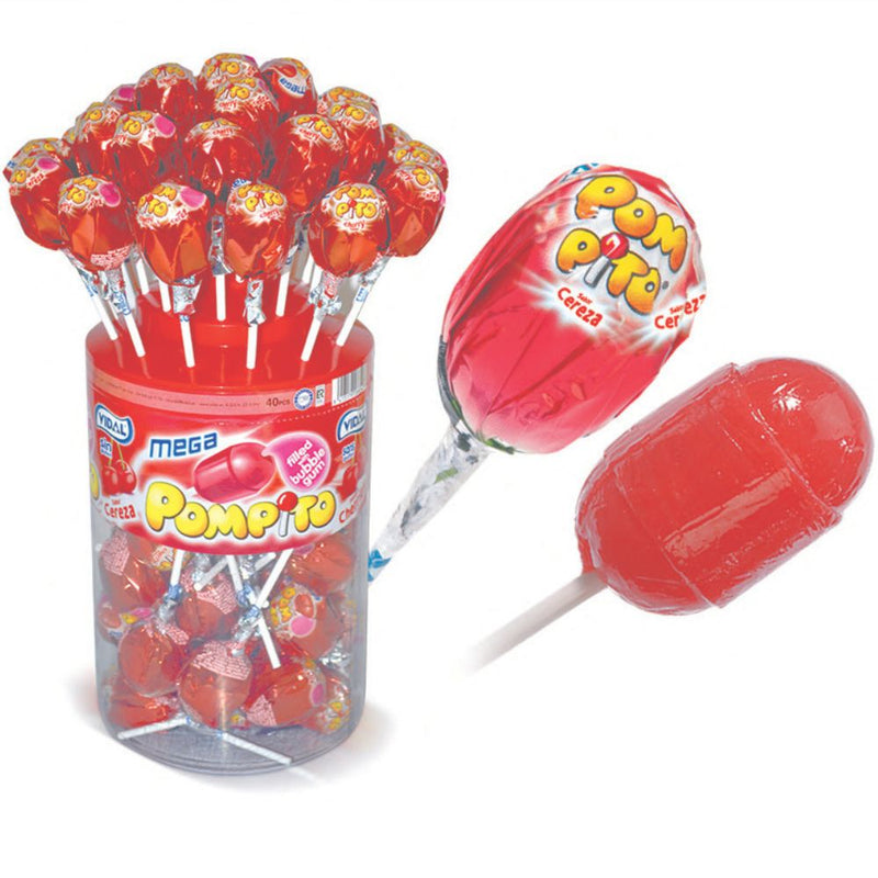 Mega Pompito Cereza de Vidal, tarro de 1 kg con caramelos de palo con chicle sabor cereza
