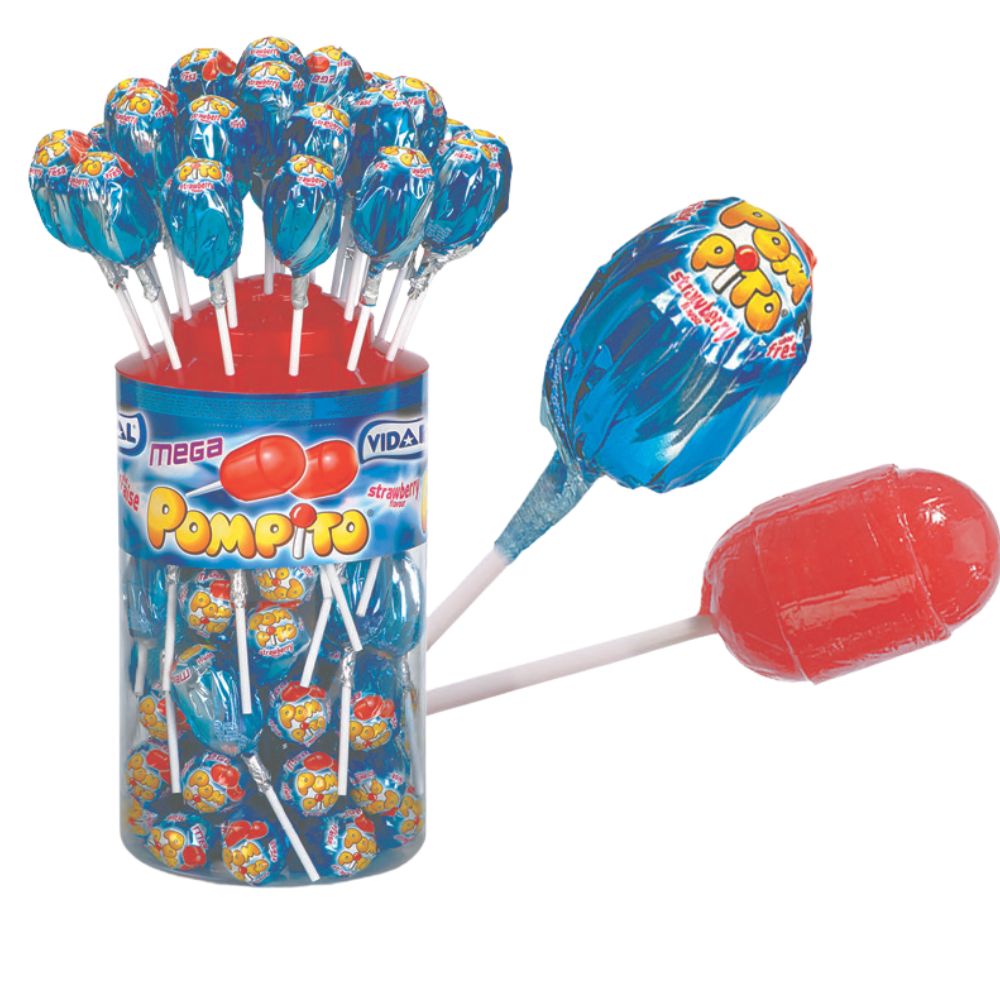 Mega Pompito Fresa de Vidal, tarro de 1,1 kg con 40 caramelos con palo de fresa rellenos de chicle