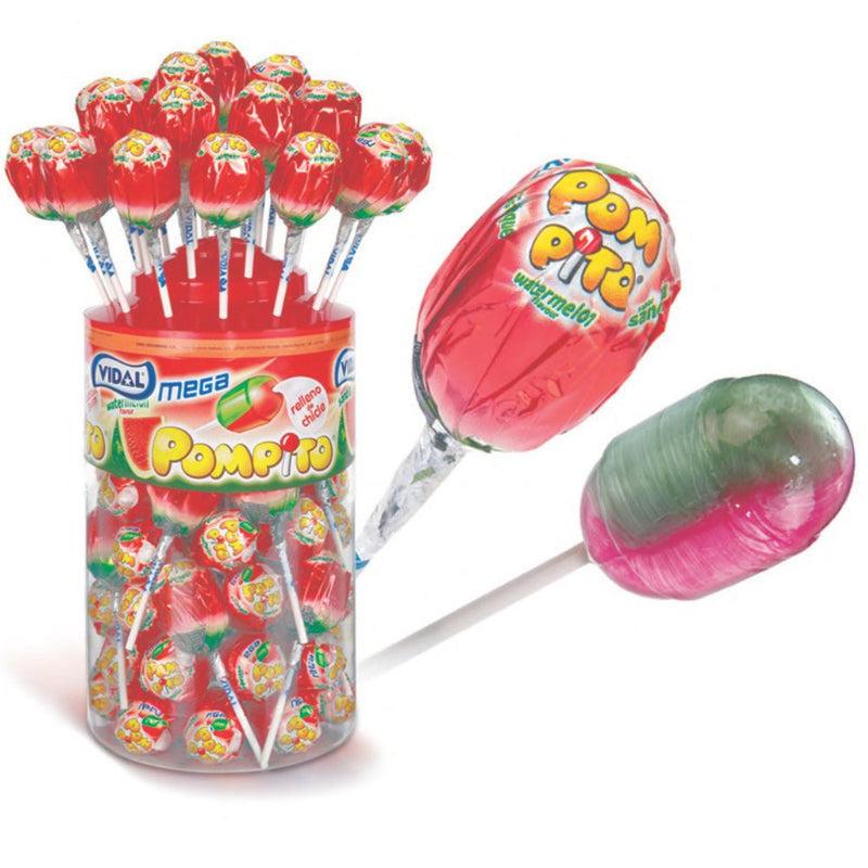 Mega Pompito Sandía tarro 1 kg, caramelo de palo con relleno de chicle, 40 uds