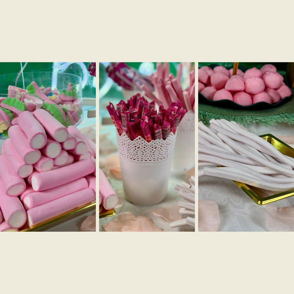 Mesa dulce de chuches montada para un evento