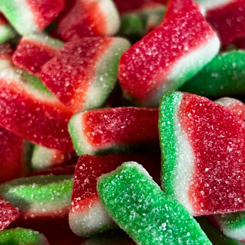 Tajadas de sandía pica Vidal sin gluten, gominolas bicolor con cobertura ácida