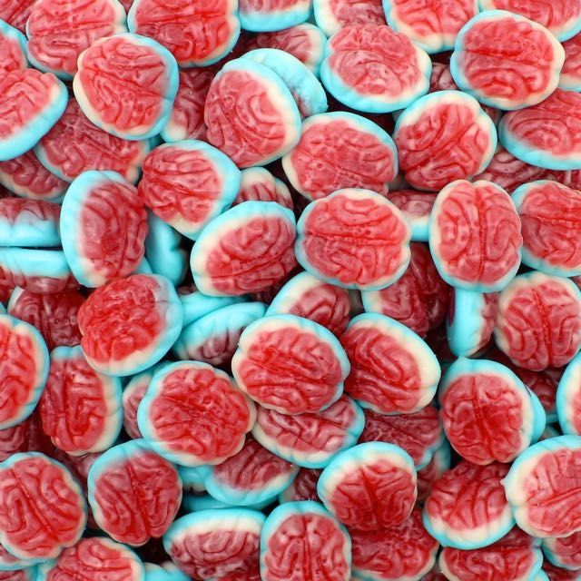 Sesos Rellenos de Vidal con forma de cerebro sabor fresa, bandeja 795 g con unas 75 uds