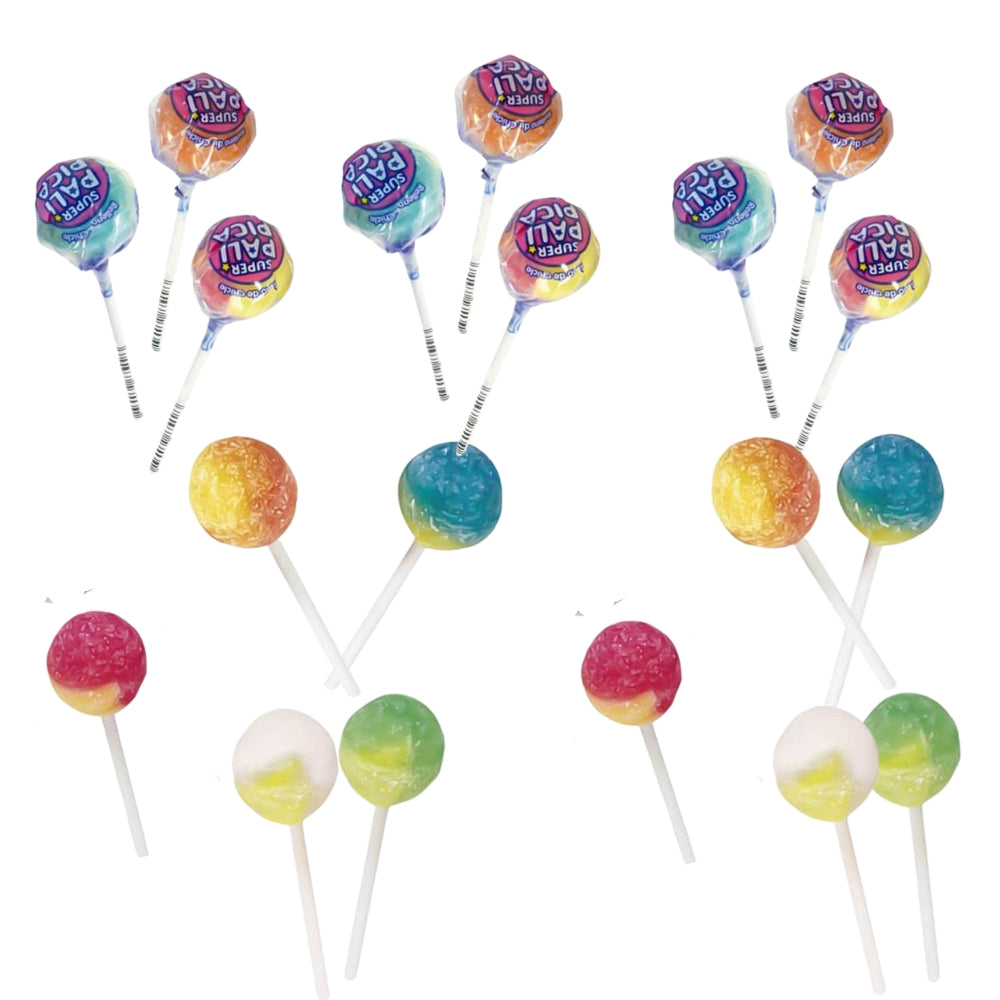 Estuche de Super Palipica Multisabor 1,7 kg, caramelos ácidos con palo rellenos de chicle