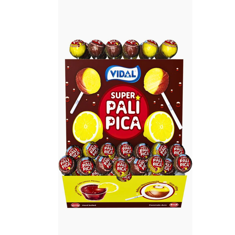 Estuche de Super Palipica Cola Limón de Vidal con caramelos con palo ácidos y chicle, 1,7 kg y 100 unidades