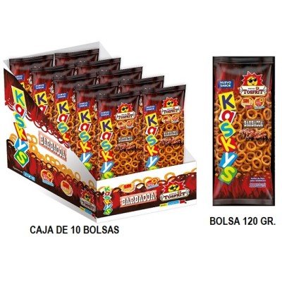 Caja de Kaskys BBQ Tosfrit con 10 bolsas de 110 g de aros de maíz sabor barbacoa | Mono Banano
