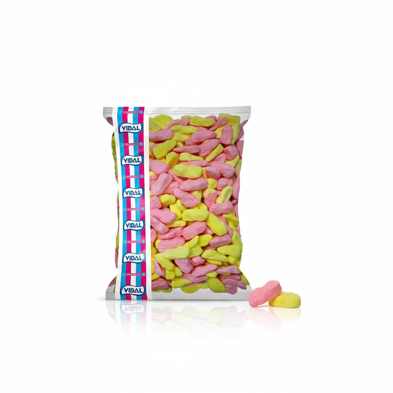 Golosinas pies de fresa foam de Vidal en tonos rosa y amarillo, bolsa de 1,4 kg