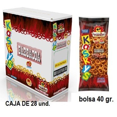 Caja de Kaskys Barbacoa de Tosfrit con 28 bolsas de 40 g, aros de maíz frito sabor barbacoa