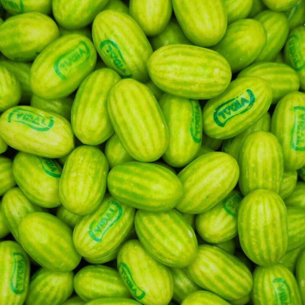 Chicles Melones verdes de Vidal rellenos sabor melón, bolsa de unas 250 unidades