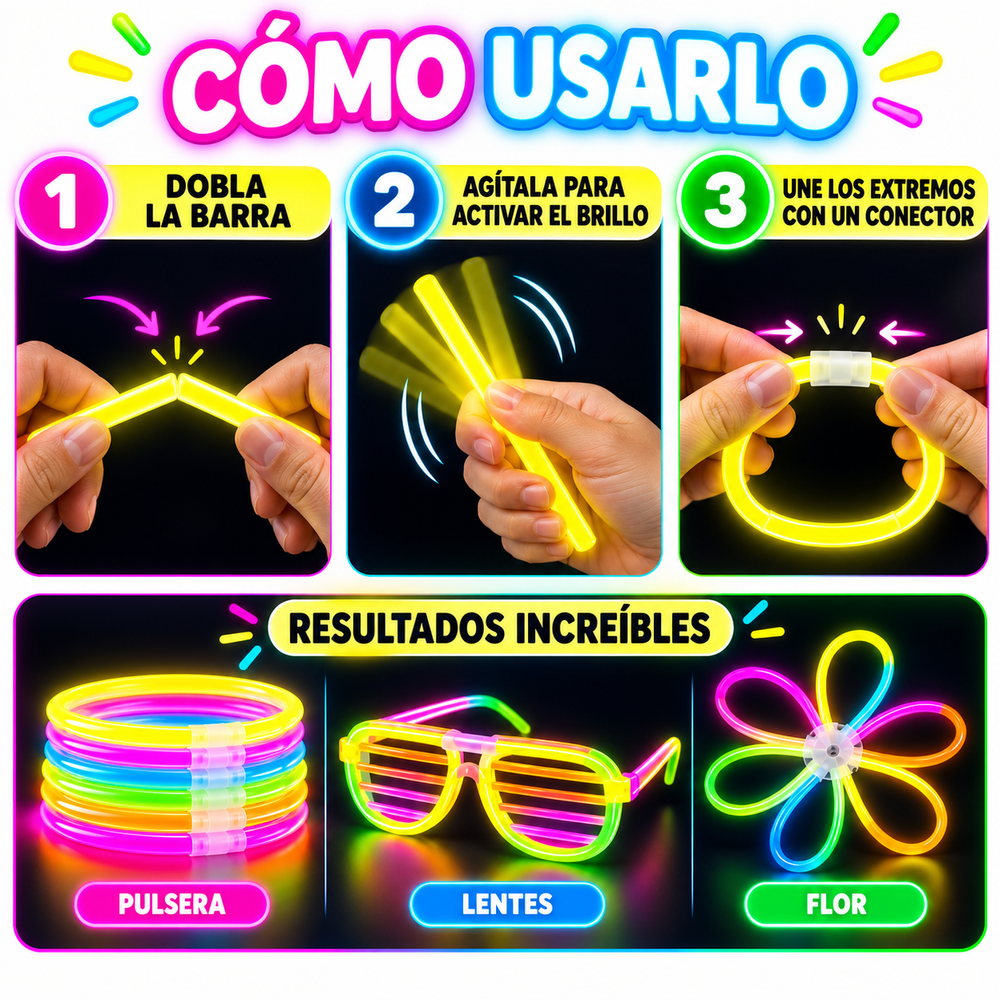 Pulseras Luminosas Neón Party Pack – 100 Barras + 124 Conectores