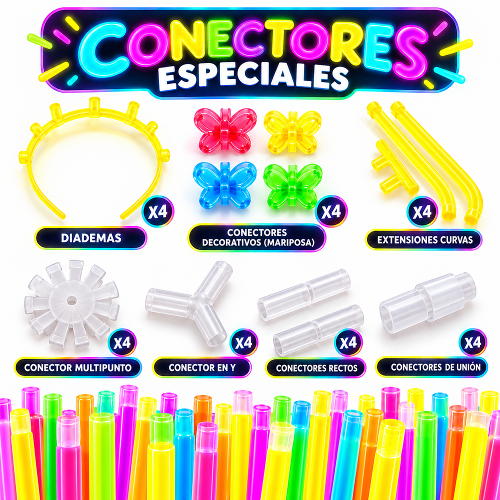 Pulseras Luminosas Neón Party Pack – 100 Barras + 124 Conectores