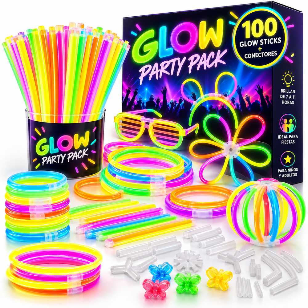 Pulseras Luminosas Neón Party Pack – 100 Barras + 124 Conectores