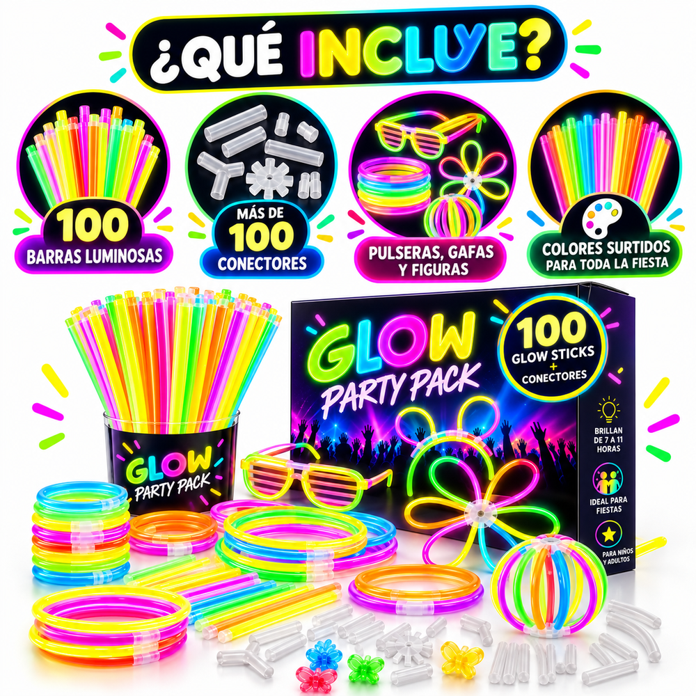 Pulseras Luminosas Neón Party Pack – 100 Barras + 124 Conectores