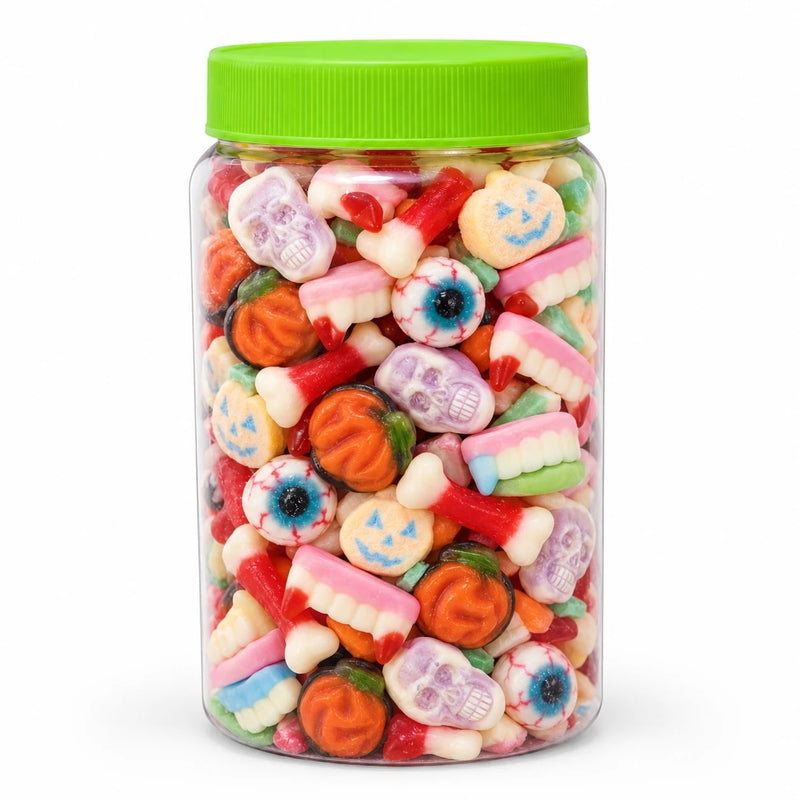 Tarro de chuches Halloween con calaveras, ojos, calabazas, colmillos y huesos de gominola
