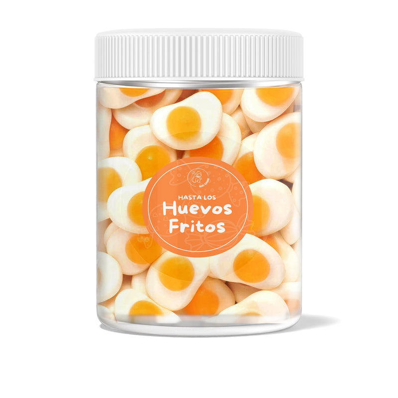 Tarro de chuches huevos fritos con gominolas con forma de huevo frito