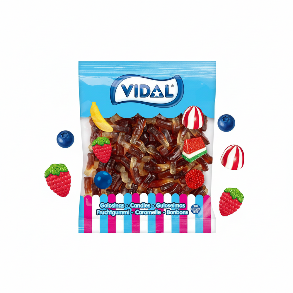 Botellas de cola Jelly de Vidal, gominolas con forma de botella y sabor a cola, bolsa de 1 kg